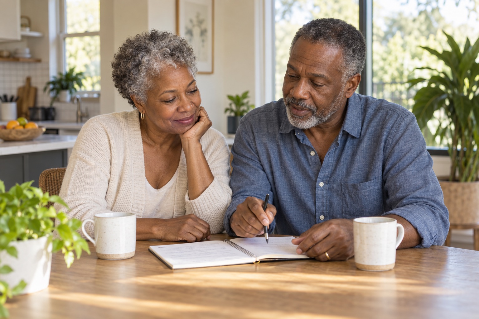 Illustrative couple reviewing their plans together at home